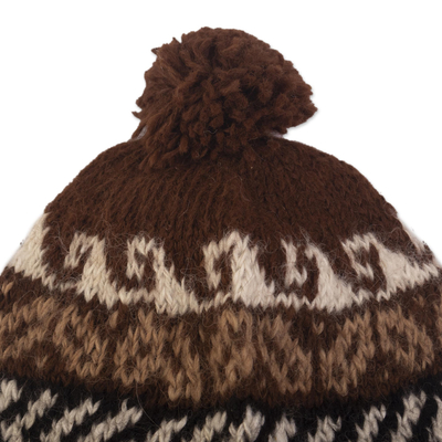 100% alpaca chullo hat, 'Andean Heritage in Brown' - Knit Chullo Hat of 100% Alpaca in Natural Wool Colors Peru