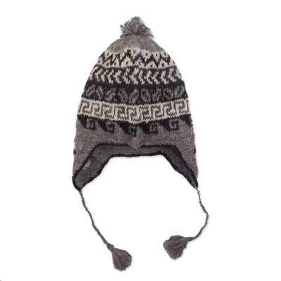 100% alpaca chullo hat, 'Andean Heritage in Grey' - Knit Chullo Hat of 100% Alpaca in Natural Grey