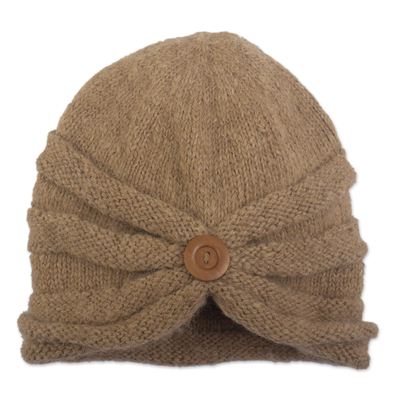 100% alpaca knit hat, 'Alpaca Inspiration' - Undyed Hand Knit 100% Alpaca Hat with Button
