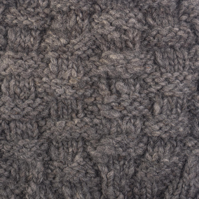 100% alpaca hat and neck warmer, 'Checkerboard Warmth' - Natural Grey Hand Knit Alpaca Combination Hat and Neck Cover