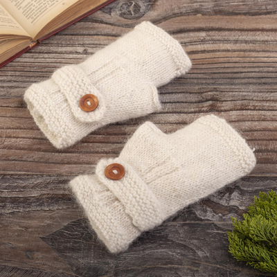100% alpaca fingerless mittens, 'Buttoned Warmth' - Ivory 100% Undyed Alpaca Fingerless Mitts from Peru