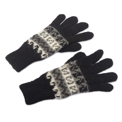 100% alpaca gloves, 'Inca Remembrance' - 100% Alpaca Hand Knit Gloves with Inca Inspired Pattern