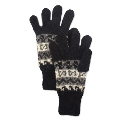 100% alpaca gloves, 'Inca Remembrance' - 100% Alpaca Hand Knit Gloves with Inca Inspired Pattern