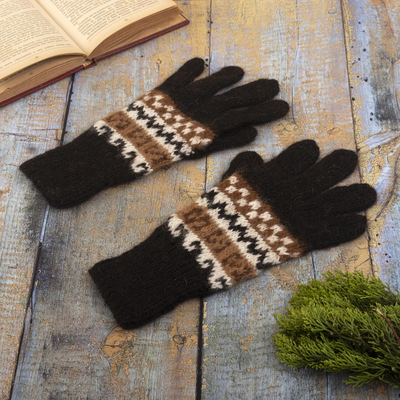 Handschuhe aus 100 % Alpaka, 'Inka-Berge'. - 100 % Alpaka-Handstrickhandschuhe mit von Inka inspiriertem Muster
