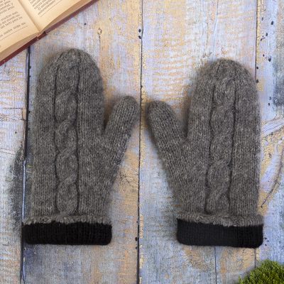 100% alpaca mittens, 'Andean Hands' - Grey 100% Alpaca Hand Knit Mittens With Cable Knit Design