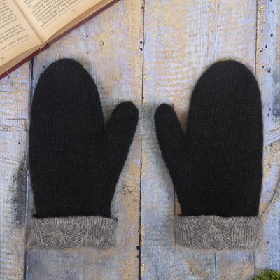 100% alpaca mittens, 'Andean Hands' - Grey 100% Alpaca Hand Knit Mittens With Cable Knit Design
