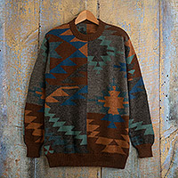 Suéter de alpaca para hombre, 'Quinoa Leaf' - Suéter de hombre con estampado geométrico multicolor