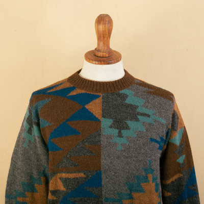 Men's alpaca pullover sweater, 'Quinoa Leaf' - Multicolored Geometric Patterned Men's Pullover Sweater