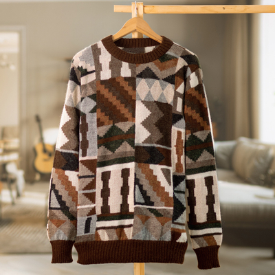 Men's alpaca pullover sweater, 'Inca Tocapu' - Men's Alpaca Pullover with Incan Tocapu Inspired Design