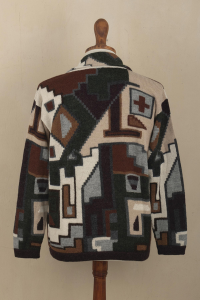 Alpaka-Cardigan für Herren - Herren-Cardigan mit geometrischem Muster aus 100 % Alpaka aus Peru