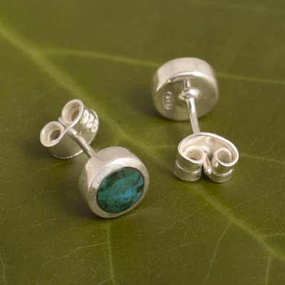 Chrysocolla stud earrings, 'High Point' - Natural Chrysocolla Earrings in Sterling Silver