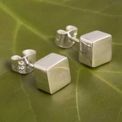 Sterling silver stud earrings, 'Energy Cube' - Handcrafted Sterling Cube Earrings