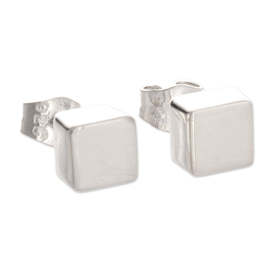 Sterling silver stud earrings, 'Energy Cube' - Handcrafted Sterling Cube Earrings