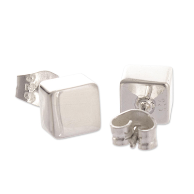 Sterling silver stud earrings, 'Energy Cube' - Handcrafted Sterling Cube Earrings