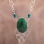 Handcrafted Chrysocolla and Sterling Silver Necklace, 'Andes Baroque'