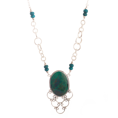 Chrysocolla pendant necklace, 'Andes Baroque' - Handcrafted Chrysocolla and Sterling Silver Necklace