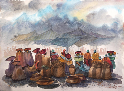 'El Mercado y sus Aromas' - Acuarela original de la escena del mercado.