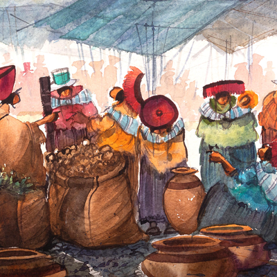 'El Mercado y sus Aromas' - Acuarela original de la escena del mercado.
