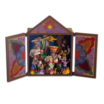 Wood and plaster retablo, 'Ayacucho Scissors Dance' - Dance Themed Wood and Plaster Retablo
