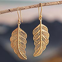Gold-plated filigree dangle earrings, 'Regal Leaves' - 24k Gold-Plated Filigree Leaf Earrings
