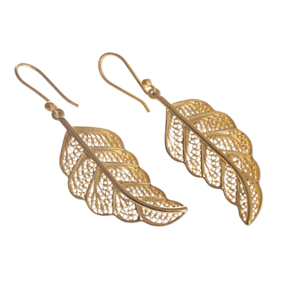 Gold-plated filigree dangle earrings, 'Regal Leaves' - 24k Gold-Plated Filigree Leaf Earrings