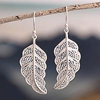 Sterling silver filigree dangle earrings, 'Regal Leaves' - Handcrafted Filigree Earrings in Sterling Silver
