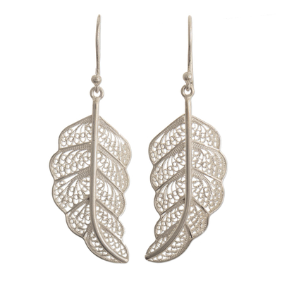Sterling silver filigree dangle earrings, 'Regal Leaves' - Handcrafted Filigree Earrings in Sterling Silver