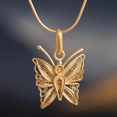 Gold plated filigree pendant necklace, Colonial Butterfly