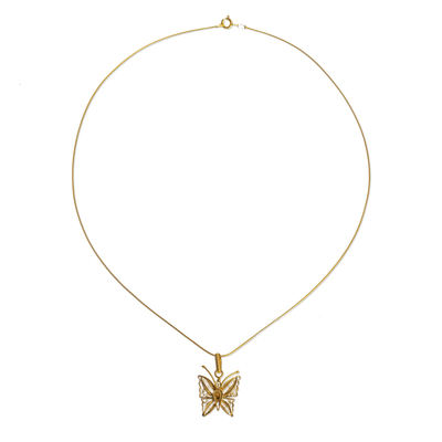 Gold plated filigree pendant necklace, 'Colonial Butterfly' - Gold Plated Sterling Silver Butterfly Pendant Necklace