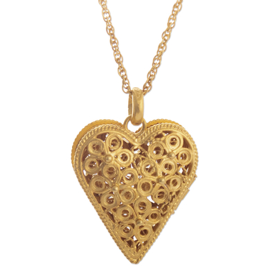 Gold plated filigree locket necklace, 'Closer to the Heart' - Handcrafted Heart Locket Necklace in 21k Gold Plate