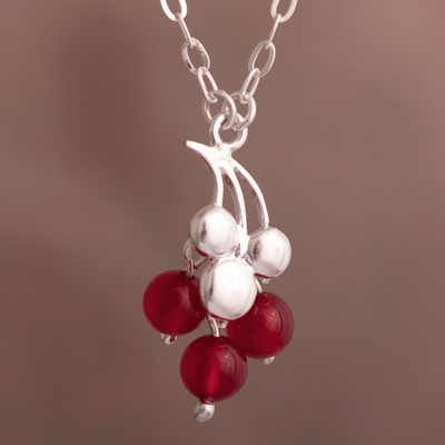 Agate pendant necklace, 'Cherry Delight' - 925 Sterling Silver Chain With Agate Bead Pendant Peru