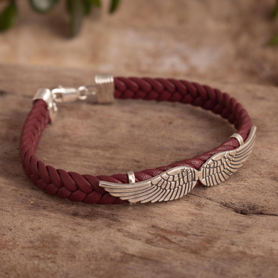 Leather and sterling silver pendant bracelet, 'Freedom of Flight' - Artisan Crafted Leather and Silver Bracelet
