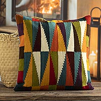 Wool cushion cover, 'Modern Diamonds' - Multicoloured Handloomed Wool Cushion Cover