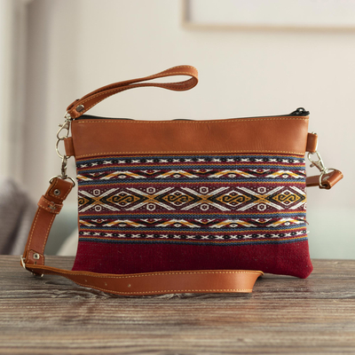 Wool accent leather clutch and shoulder bag, 'Cusco Geometry' - Brown Leather and Handwoven Cloth Clutch and Shoulder Bag