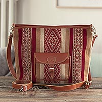Leather accent wool shoulder bag, 'Cusco Road' - Leather Accent Handloomed Wool Shoulder Bag From Peru