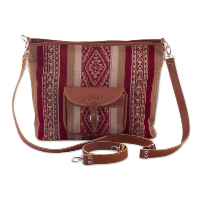 Leather accent wool shoulder bag, 'Cusco Road' - Leather Accent Handloomed Wool Shoulder Bag From Peru