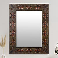 Leather and wood wall mirror, 'Inca Butterfly' - Artisan Crafted Tooled Leather Wall Mirror