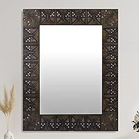 Leather and wood wall mirror, 'Cusco Butterfly' - Inca Inspired Wall Mirror