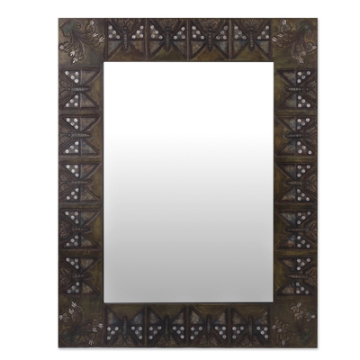Espejo de pared de cuero y madera - Espejo de pared de inspiración inca