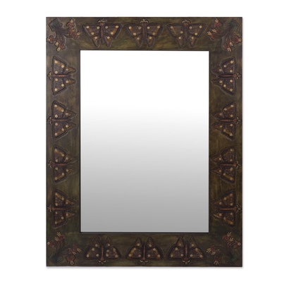 Handcrafted Wood and Leather Mirror with Butterfly Motif