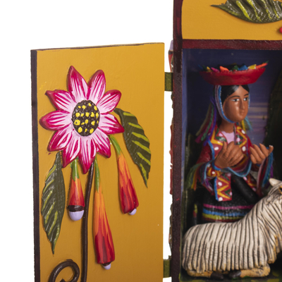 Wood and ceramic retablo, 'Chinchero Nativity' - Handcrafted Peruvian Nativity Retablo