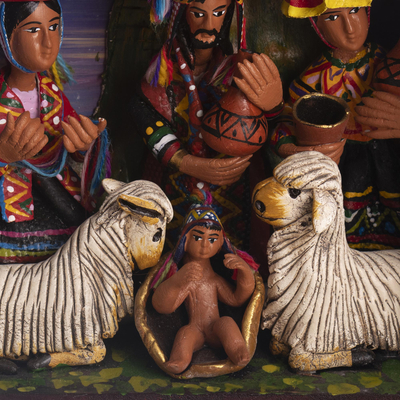 Wood and ceramic retablo, 'Chinchero Nativity' - Handcrafted Peruvian Nativity Retablo