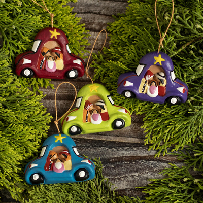Ceramic ornaments, 'Traveling Nativity' (set of 4) - Car Theme Nativity Ornaments (Set of 4)