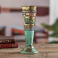 Taza decorativa de cobre, bronce y sodalita. - Taza Decorativa de Cobre y Bronce con Tema Inca