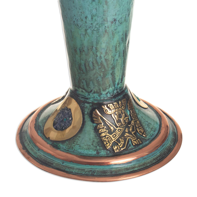 Taza decorativa de cobre, bronce y sodalita. - Taza Decorativa de Cobre y Bronce con Tema Inca