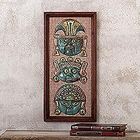 Arte de pared de cobre y bronce, 'Guerreros Pre-Incas' - Decoración de pared de madera, cobre y bronce con rostros pre-incas