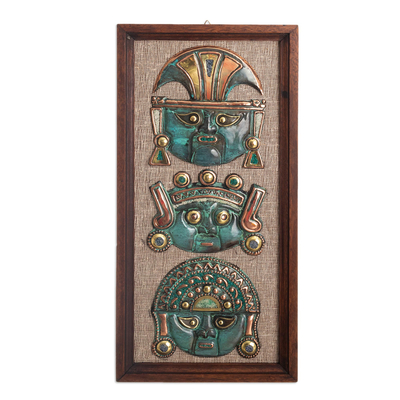 Wandkunst aus Kupfer und Bronze - Wanddekoration aus Holz, Kupfer und Bronze mit Prä-Inka-Gesichtern