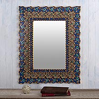 Reverse-painted glass wall mirror, 'Cajamarca Charm' - Handcrafted Wall Mirror with Floral Motifs