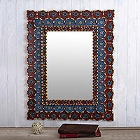 Reverse-painted glass wall mirror, 'Cajamarca Flowers' - Artisan Crafted Wall Mirror with Bronze Leaf