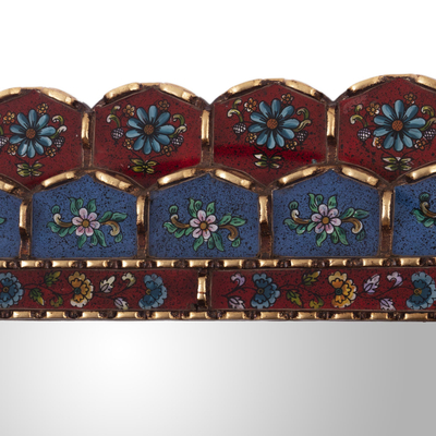 Reverse-painted glass wall mirror, 'Cajamarca Flowers' - Artisan Crafted Wall Mirror with Bronze Leaf
